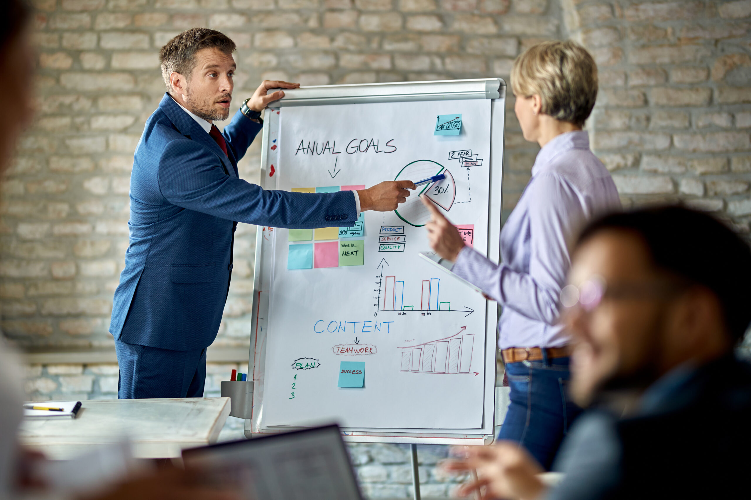 Mid adult CEO discussing about business plans with his team on a